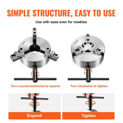 3-jaw lathe chuck, 10'', self-centering lathe chuck, 0.24-9.84 inch/6-250 mm clamping range with T-key fastening screws hex key, for lathe 3D printer machining Center milling drilling machine | EU
