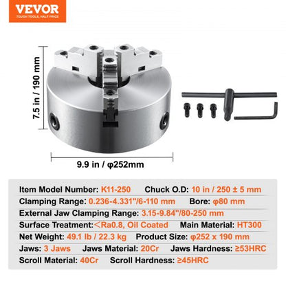 3-jaw lathe chuck, 10'', self-centering lathe chuck, 0.24-9.84 inch/6-250 mm clamping range with T-key fastening screws hex key, for lathe 3D printer machining Center milling drilling machine | EU