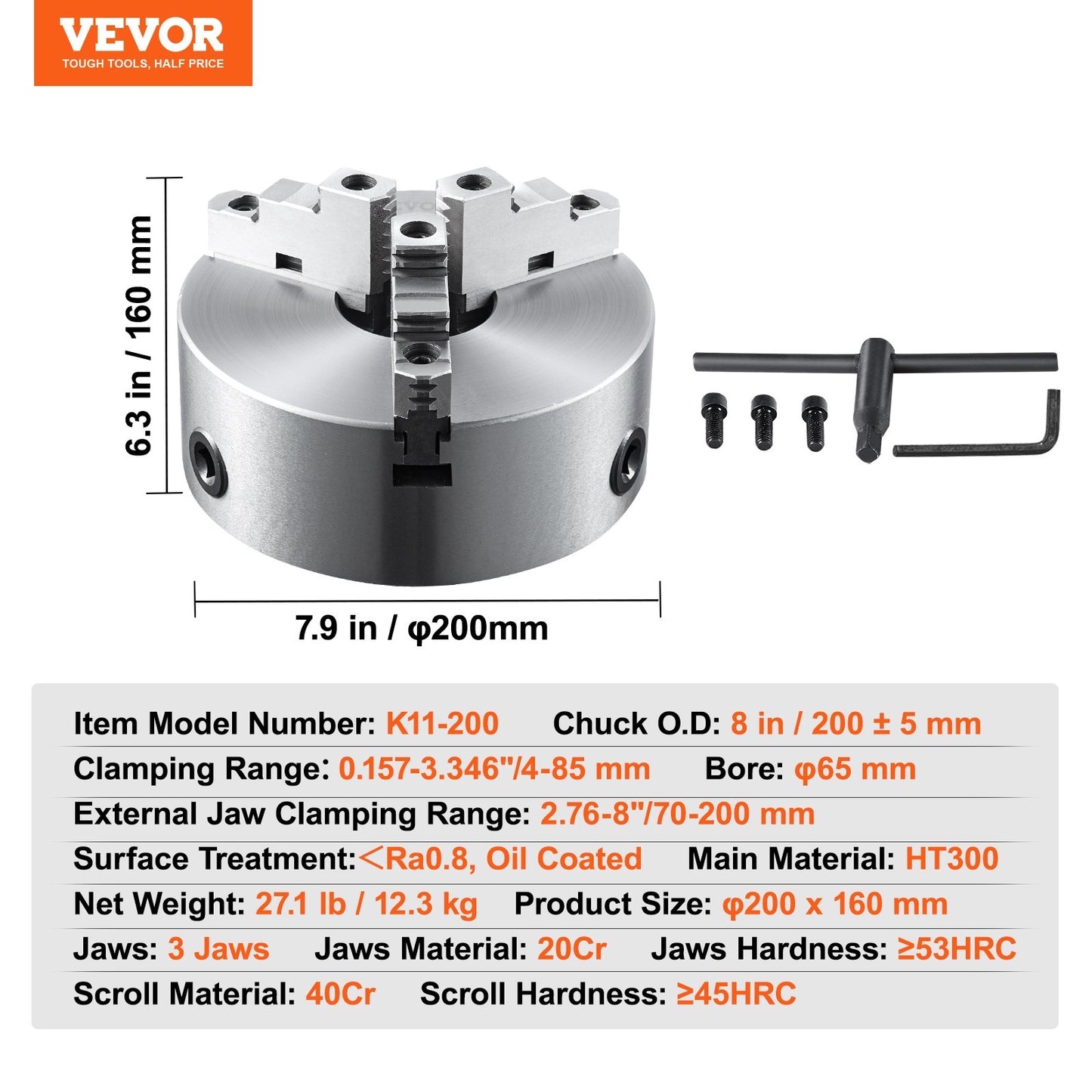 3-jaw lathe chuck, 8'', self-centering lathe chuck, 0.16-8 inch/4-200 mm clamping range with T-key fastening screws hex key, for lathe 3D printer machining Center milling drilling machine