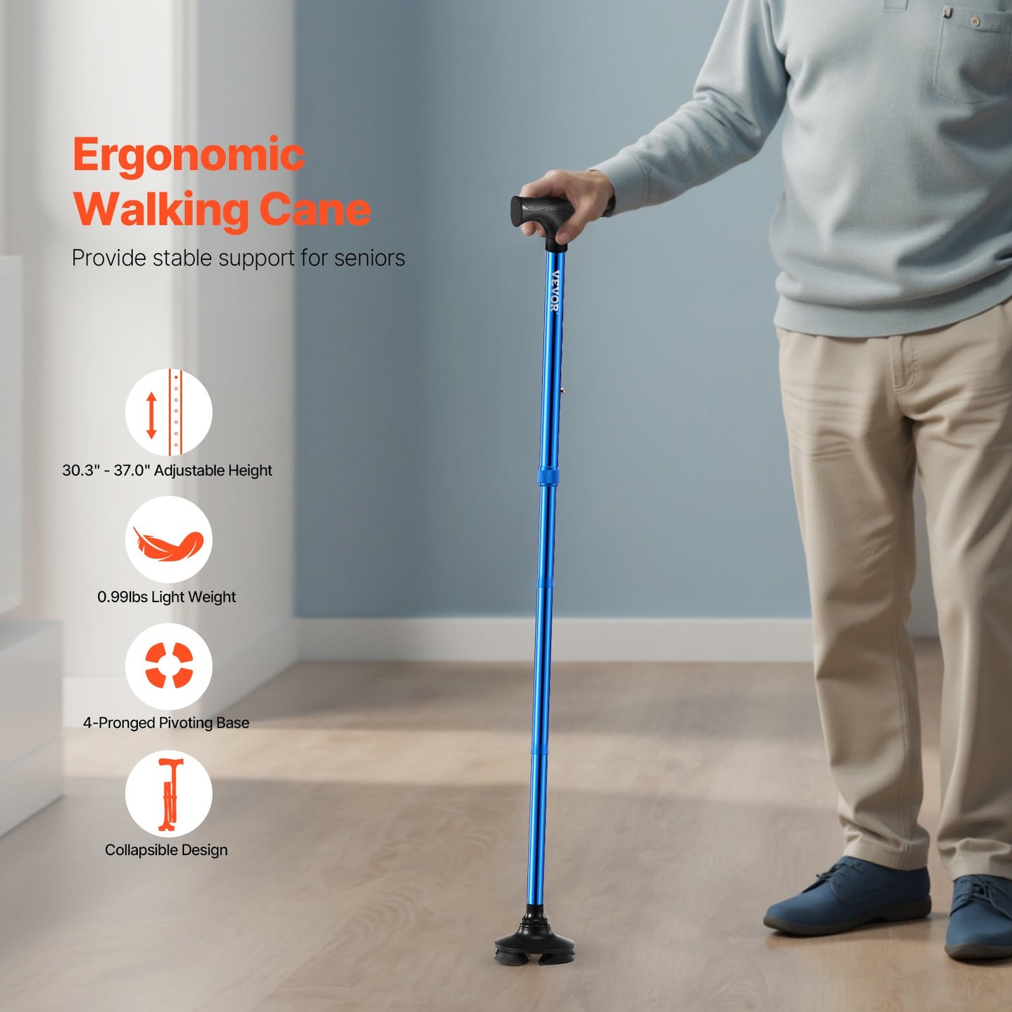 Walking Cane Foldable Walking Stick 8-Level Height 4-Prong Swivel Base