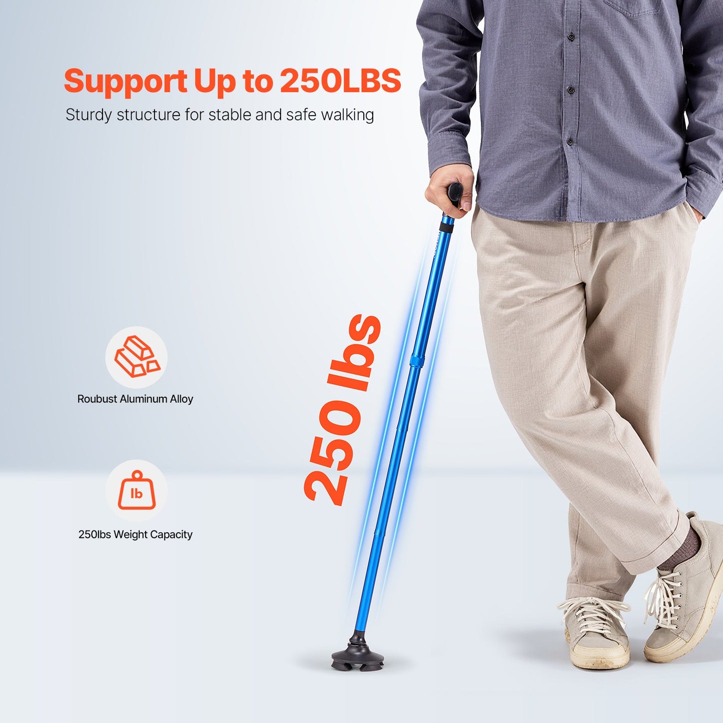Walking Cane Foldable Walking Stick 8-Level Height 4-Prong Swivel Base