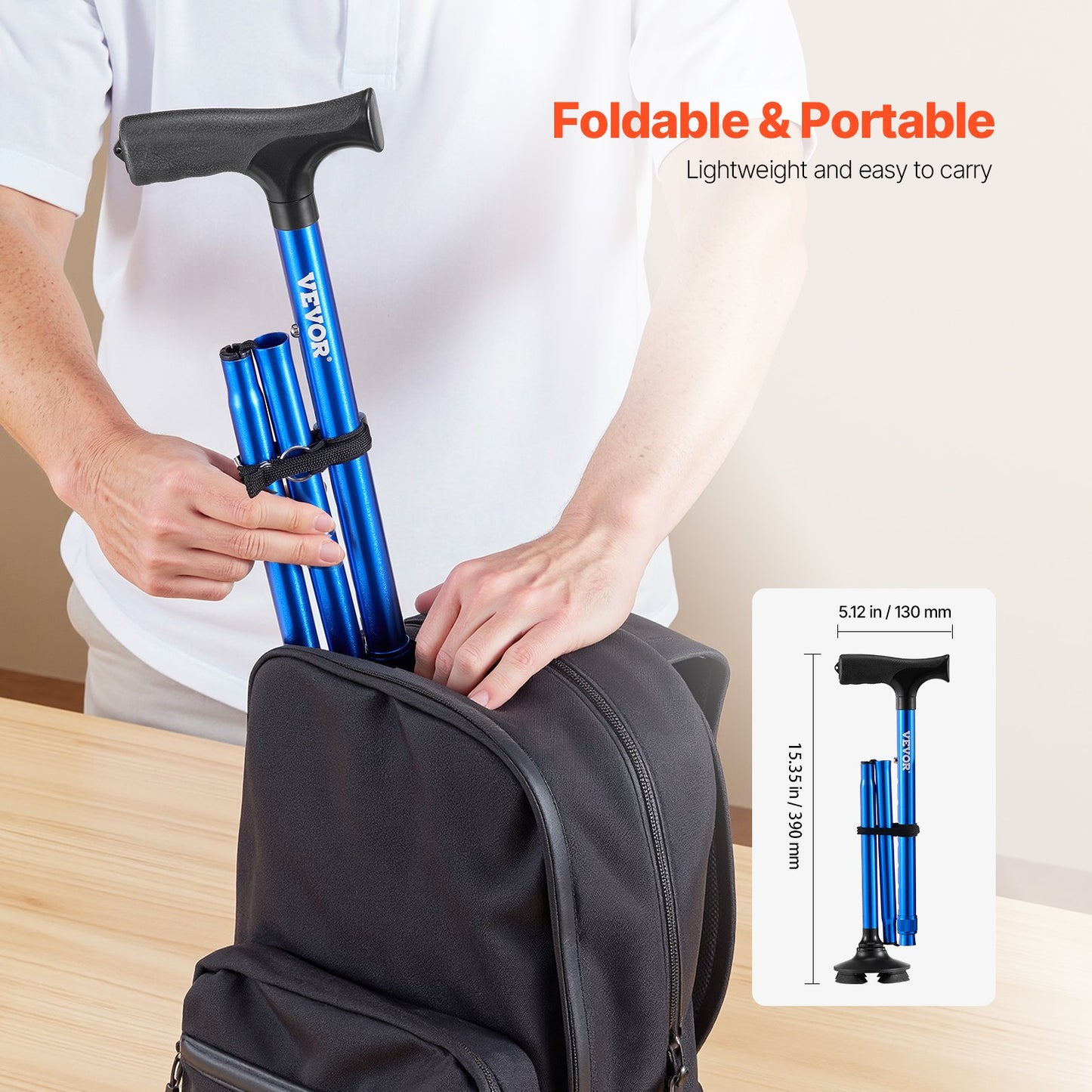 Walking Cane Foldable Walking Stick 8-Level Height 4-Prong Swivel Base