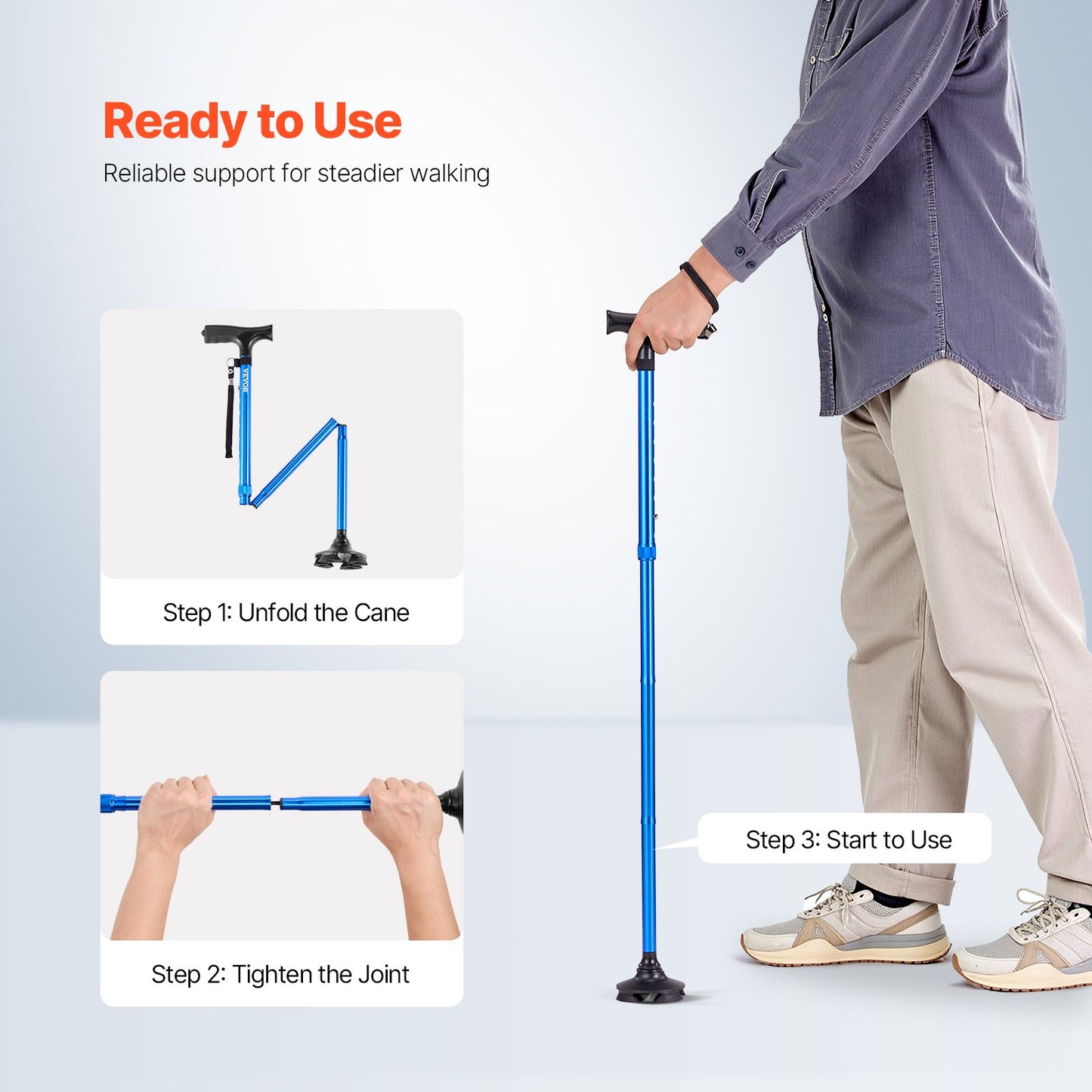 Walking Cane Foldable Walking Stick 8-Level Height 4-Prong Swivel Base