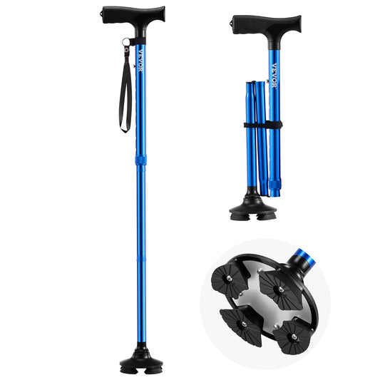 Walking Cane Foldable Walking Stick 8-Level Height 4-Prong Swivel Base