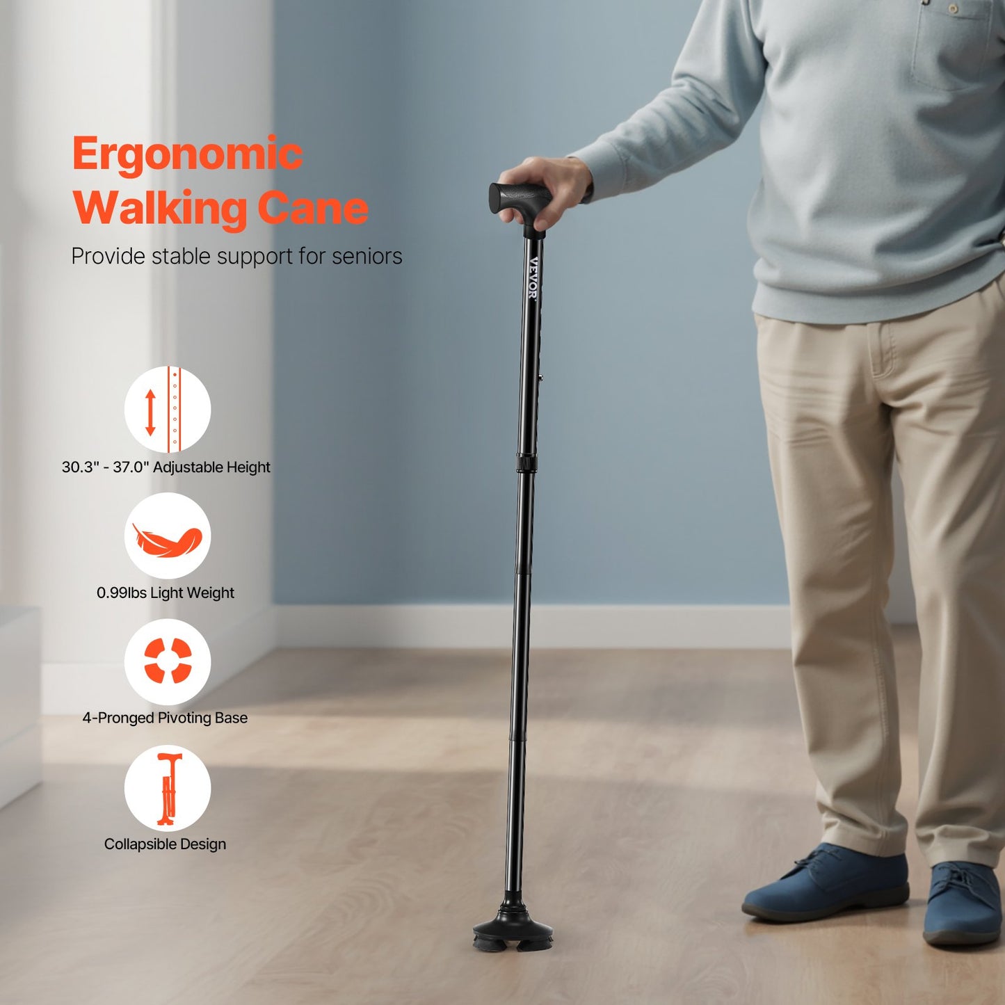 Walking Cane Foldable Walking Stick 8-Level Height 4-Prong Swivel Base