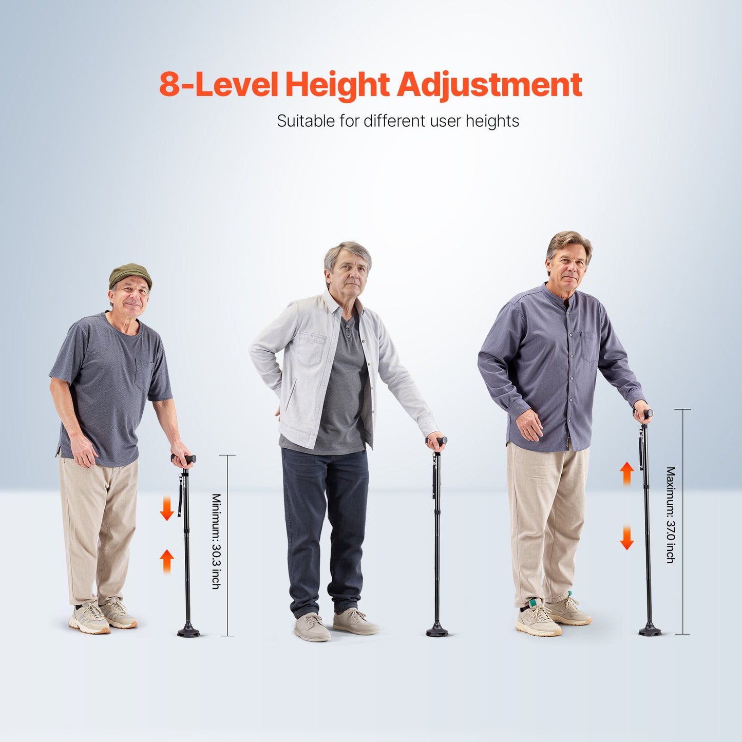 Walking Cane Foldable Walking Stick 8-Level Height 4-Prong Swivel Base