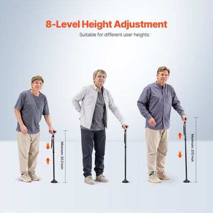 Walking Cane Foldable Walking Stick 8-Level Height 4-Prong Swivel Base