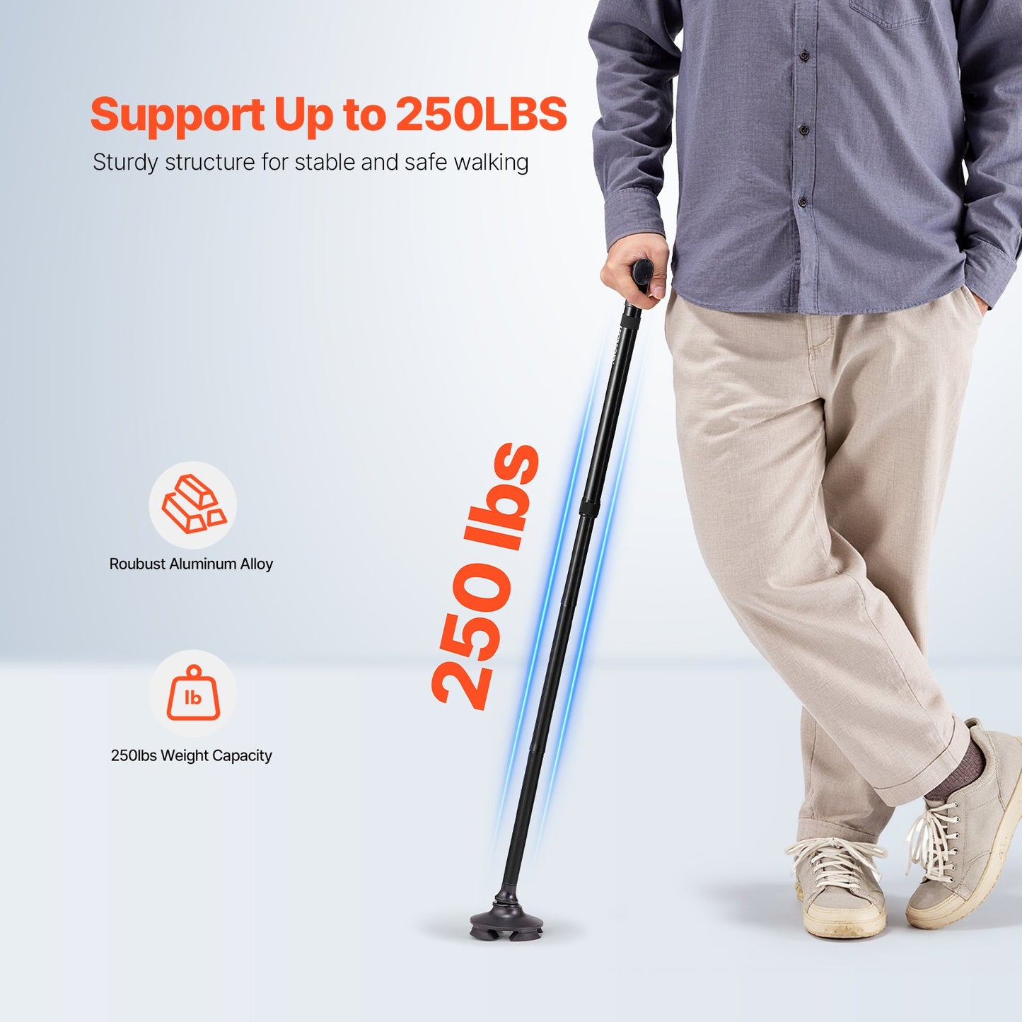 Walking Cane Foldable Walking Stick 8-Level Height 4-Prong Swivel Base