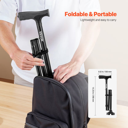 Walking Cane Foldable Walking Stick 8-Level Height 4-Prong Swivel Base