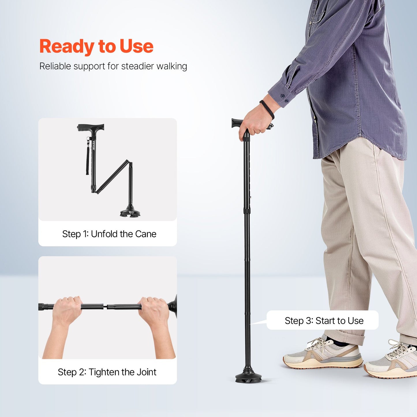 Walking Cane Foldable Walking Stick 8-Level Height 4-Prong Swivel Base