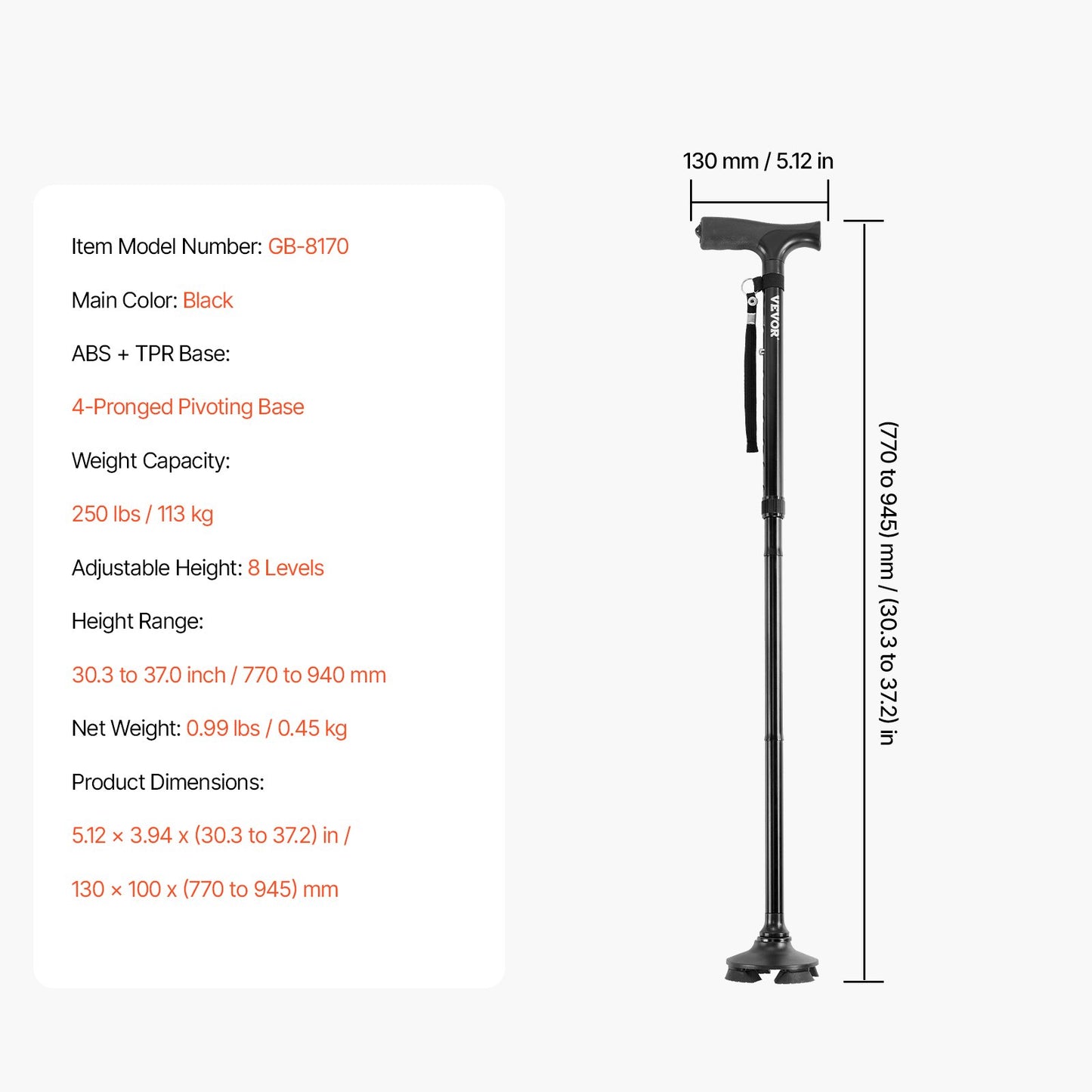 Walking Cane Foldable Walking Stick 8-Level Height 4-Prong Swivel Base
