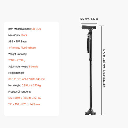 Walking Cane Foldable Walking Stick 8-Level Height 4-Prong Swivel Base