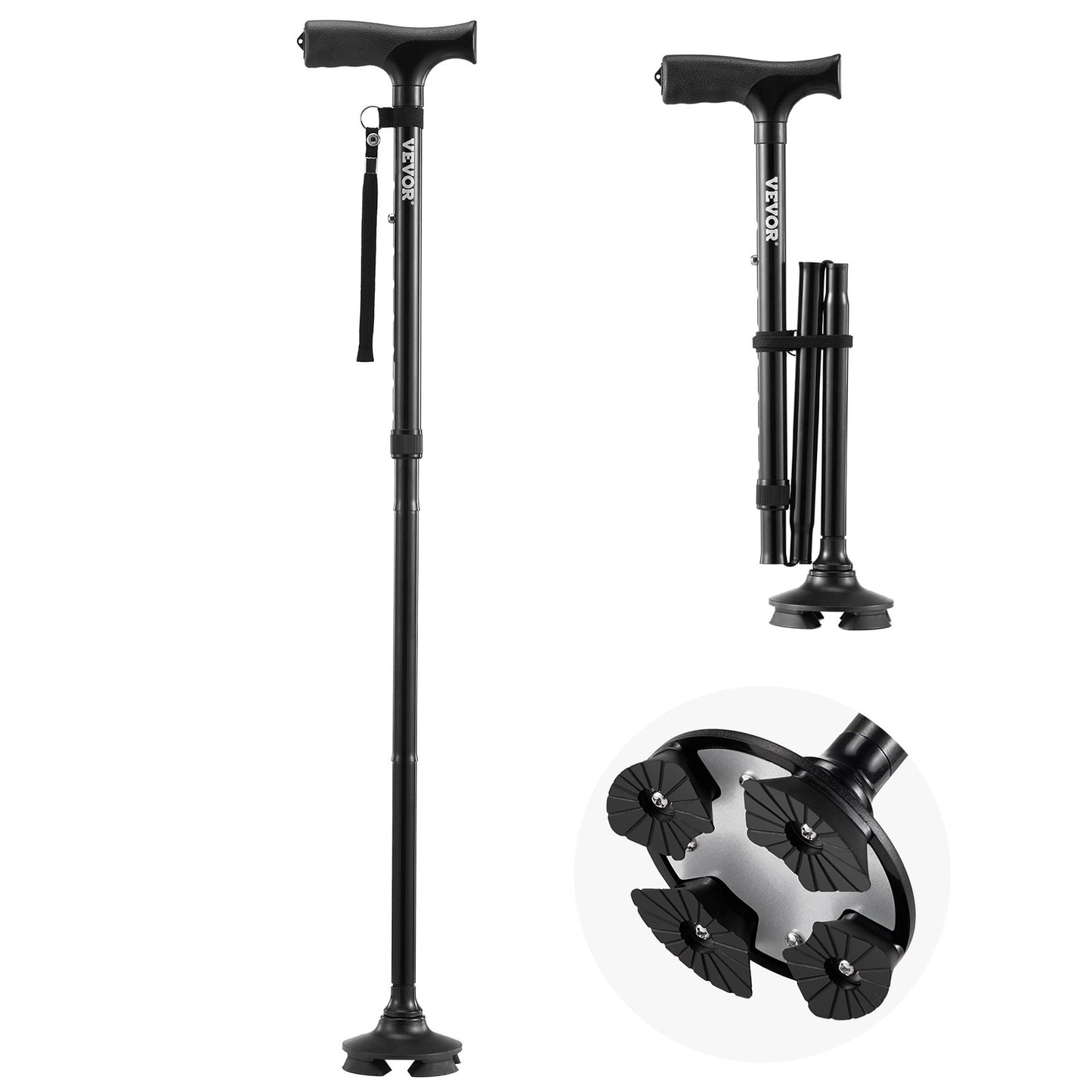 Walking Cane Foldable Walking Stick 8-Level Height 4-Prong Swivel Base