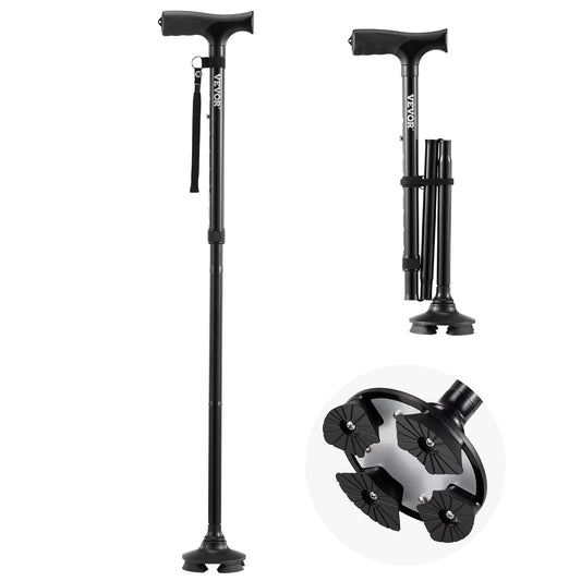 Walking Cane Foldable Walking Stick 8-Level Height 4-Prong Swivel Base
