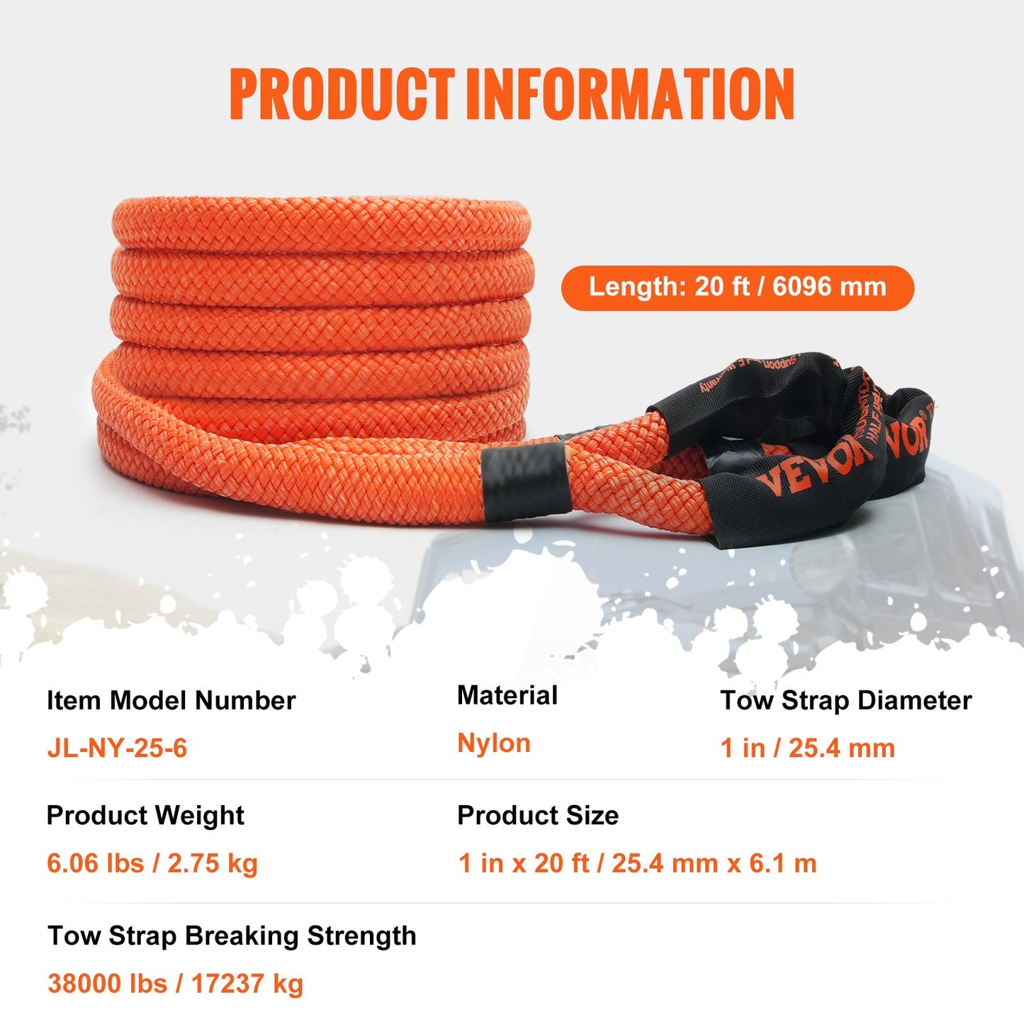 1" x 20" Kinetic Recovery Bogserrep 38 000 lbs, Heavy Duty Off Road Snatch Strap, Extrem Duty 30% Elasticitet Energi Snap Strap för Jeep Car Truck ATV UTV SUV Traktor