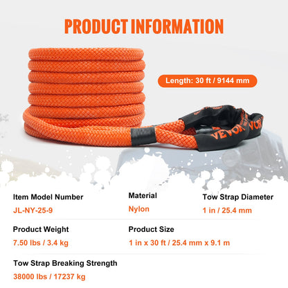 1" x 30" Kinetic Recovery Bogserrep 38 000 lbs, Heavy Duty Off Road Snatch Strap, Extrem Duty 30% Elasticitet Energi Snap Strap för Jeep Car Truck ATV UTV SUV Traktor