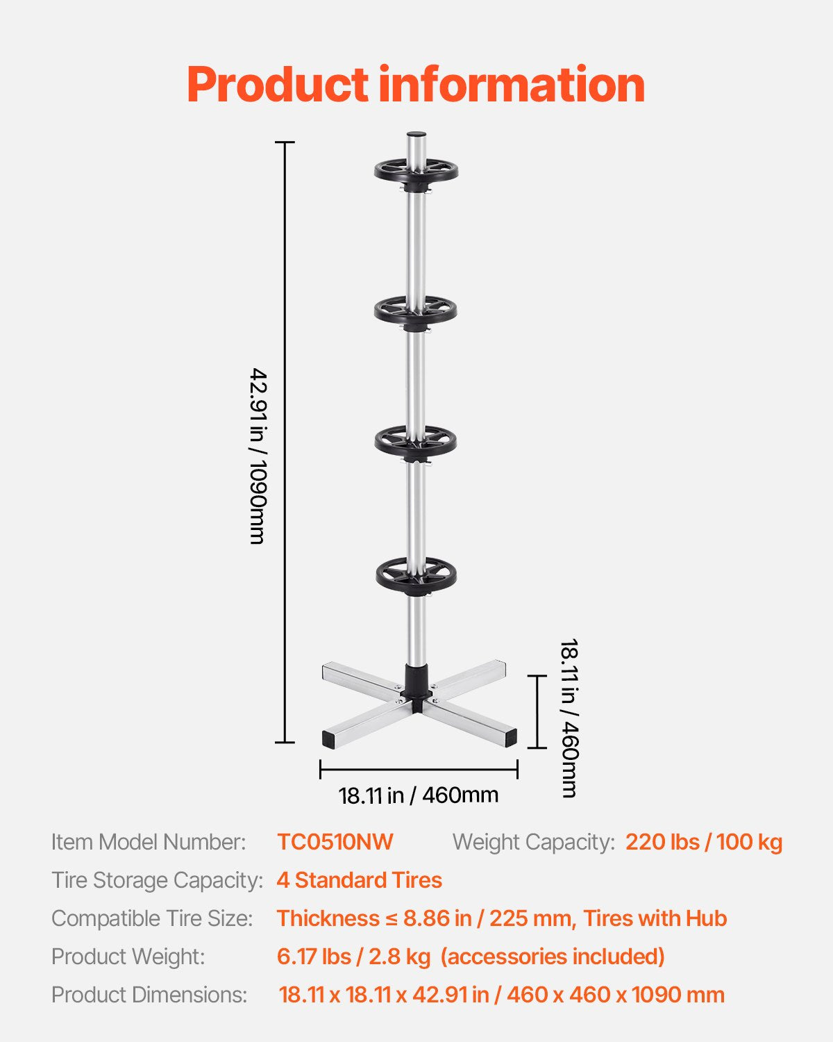 Tire rack for 4 tires with rim Tire holder Fits up to 225 mm wide tires