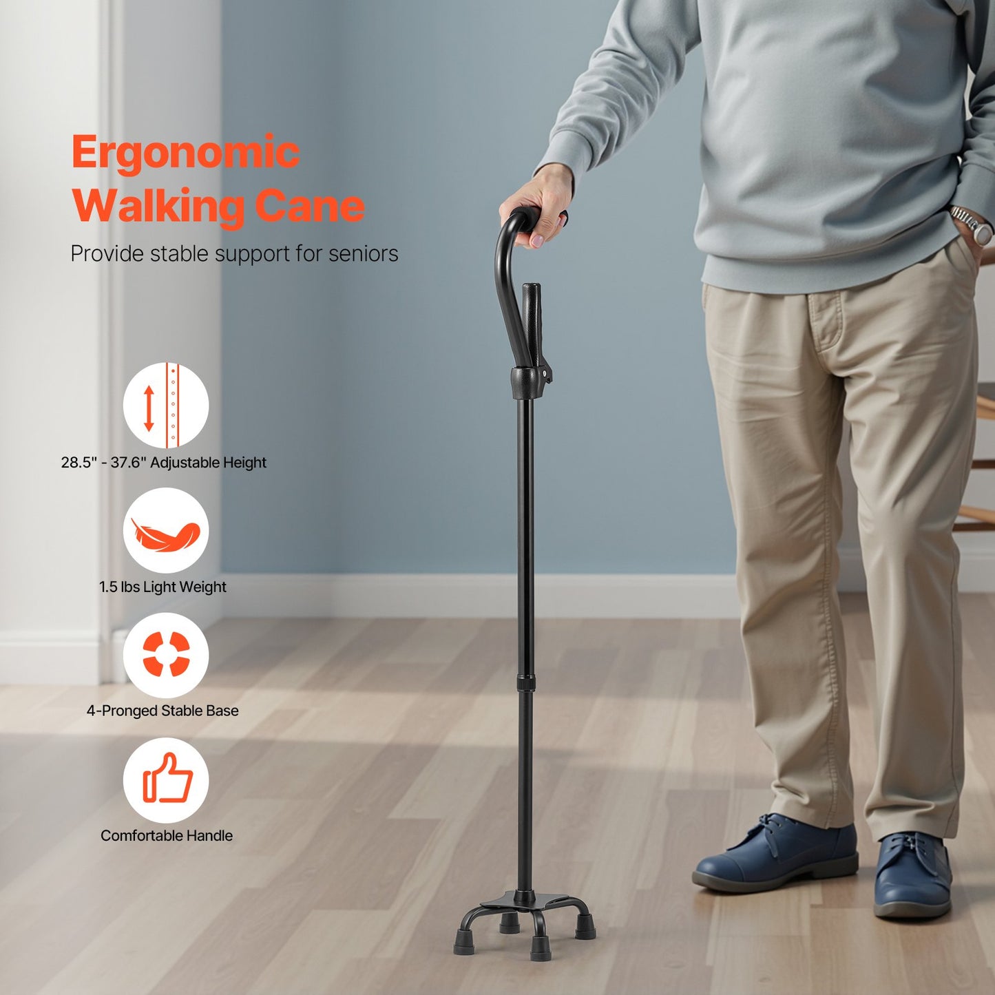 Quad Walking Cane 10-nivås höjdjusterbar käpp 4-stiftsbas
