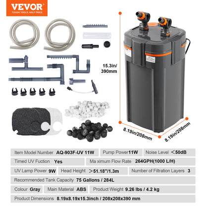75 Gallon Aquarium Canister Filter 11w UV-lampa Fish Tank Tyst