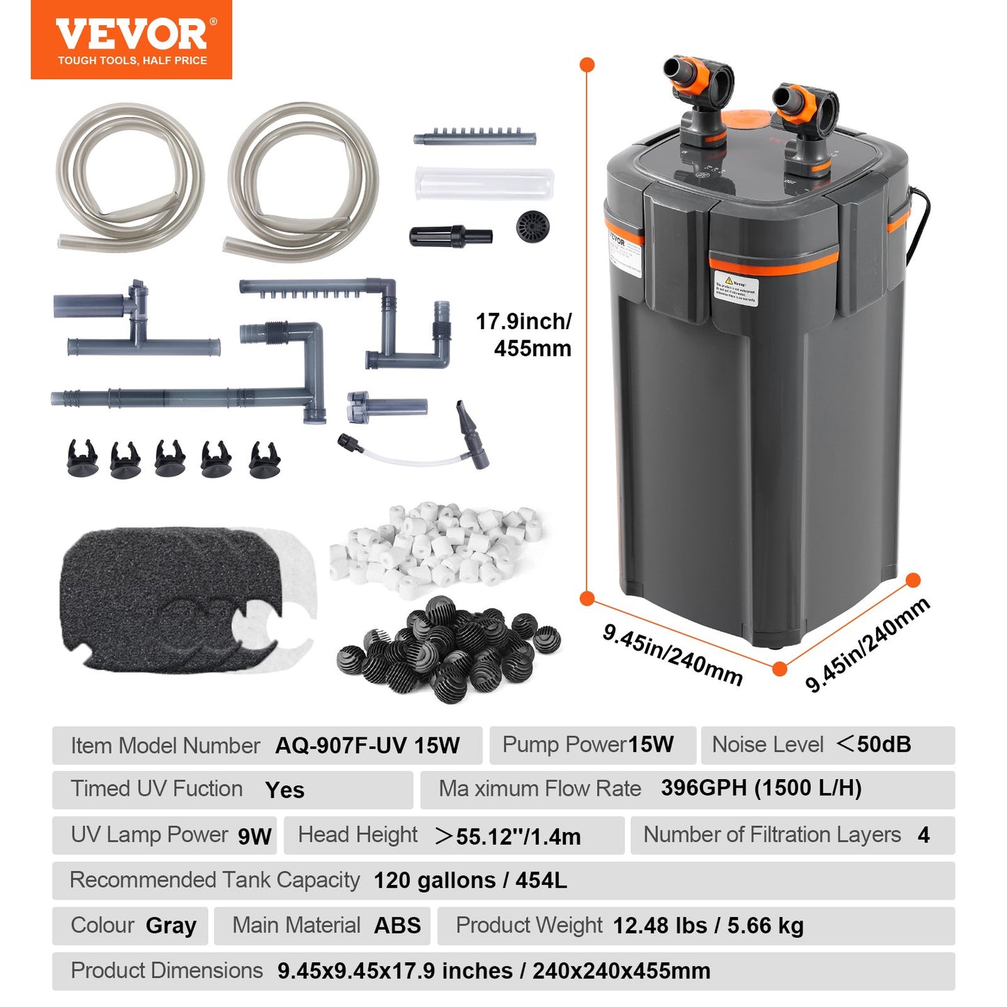 120 Gallon Aquarium Canister Filter 15w UV-lampa Fish Tank Tyst