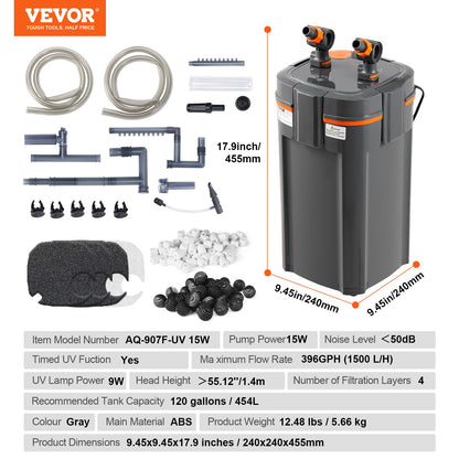 120 Gallon Aquarium Canister Filter 15w UV-lampa Fish Tank Tyst