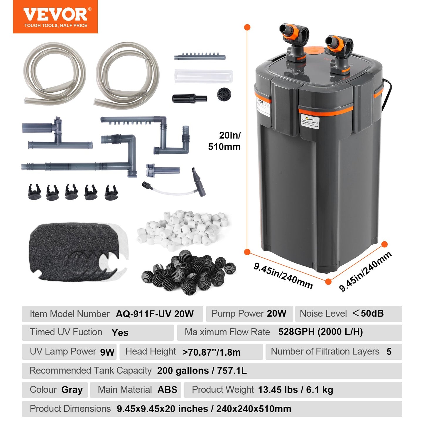 200 Gallon Aquarium Canister Filter 20w UV-lampa Fish Tank Tyst