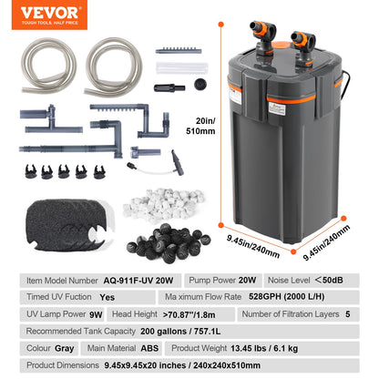 200 Gallon Aquarium Canister Filter 20w UV-lampa Fish Tank Tyst