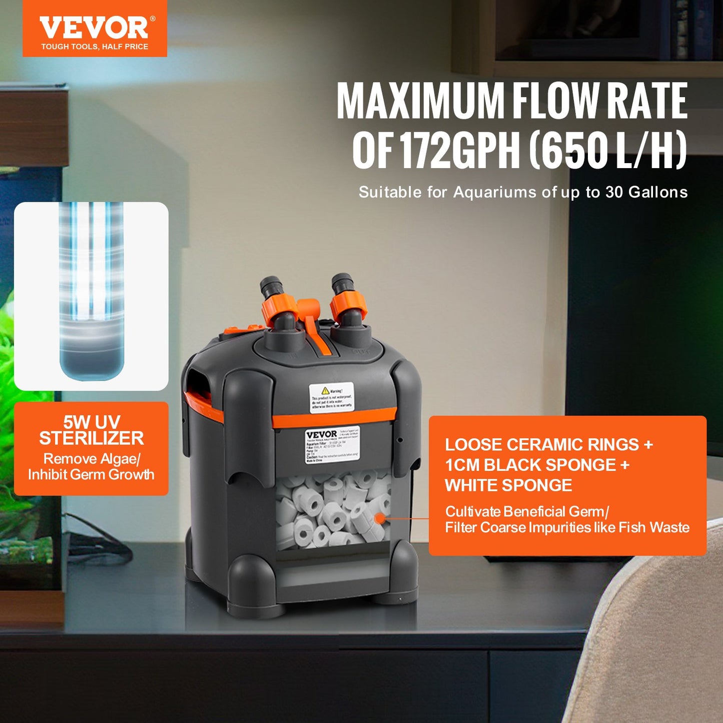 30 Gallon Aquarium Canister Filter 8w UV-lampa Fish Tank Tyst