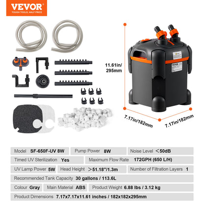 30 Gallon Aquarium Canister Filter 8w UV-lampa Fish Tank Tyst