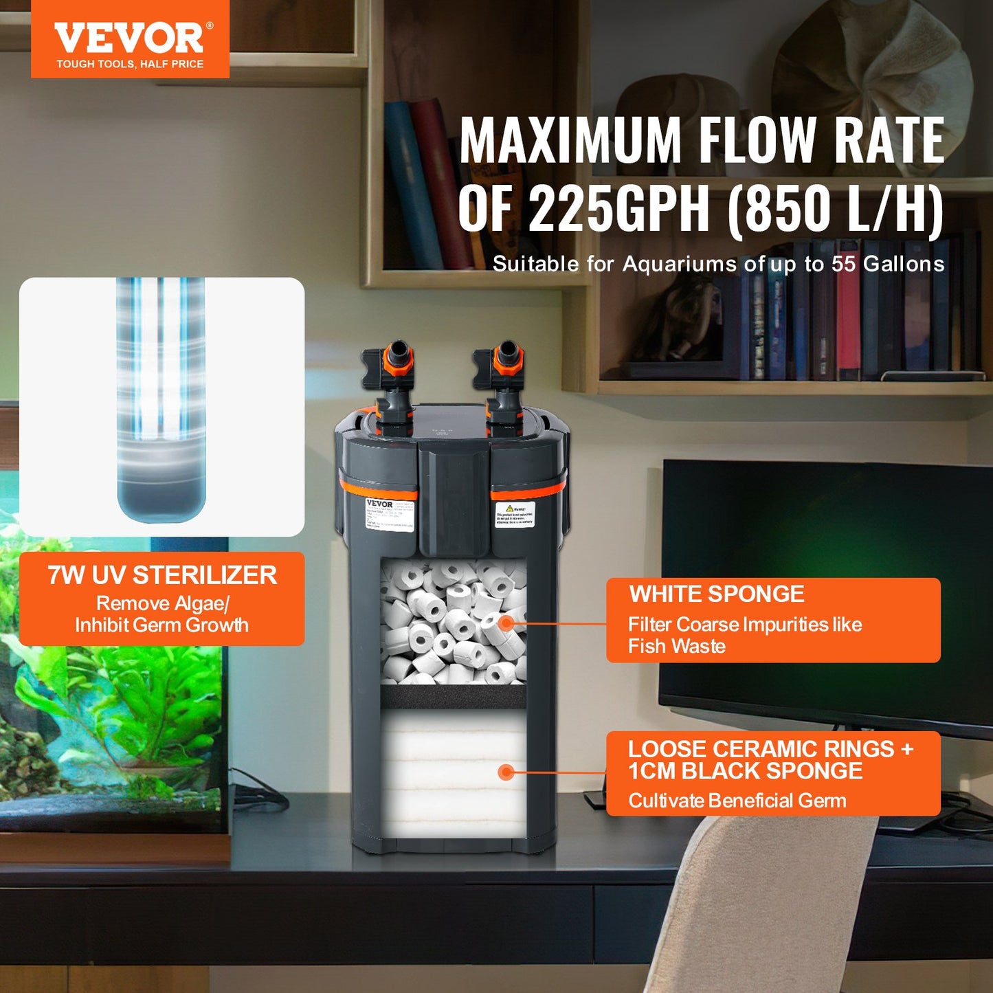 55 Gallon Aquarium Canister Filter 10w UV-lampa Fish Tank Tyst