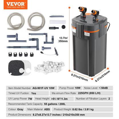 55 Gallon Aquarium Canister Filter 10w UV-lampa Fish Tank Tyst