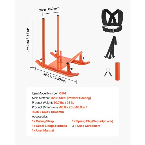 Viktkälke, Stålkraftkälke, Fitness Styrketräningskälkar för Atletisk Träning Hastighetsförbättring, Träningsutrustning med Handtag, Kompatibel med 25/51 mm Viktskivor, Orange |  EU