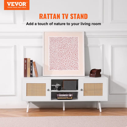 Rattan-TV-Ständer, Boho-TV-Schrank für 55-Zoll-Fernseher, Mid-Century Modern-TV-Ständer, Rattan-TV-Konsole mit verstellbaren Regalen für Wohnzimmer, Medienraum, Weiß