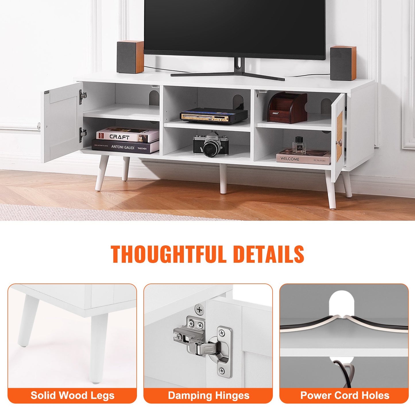 Rattan-TV-Ständer, Boho-TV-Schrank für 55-Zoll-Fernseher, Mid-Century Modern-TV-Ständer, Rattan-TV-Konsole mit verstellbaren Regalen für Wohnzimmer, Medienraum, Weiß