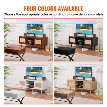 Rattan-TV-Ständer, Boho-TV-Schrank für 55-Zoll-Fernseher, Mid-Century Modern-TV-Ständer, Rattan-TV-Konsole mit verstellbaren Regalen für Wohnzimmer, Medienraum, Weiß