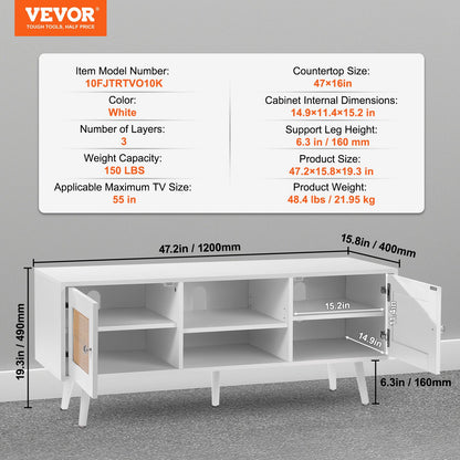 Rattan-TV-Ständer, Boho-TV-Schrank für 55-Zoll-Fernseher, Mid-Century Modern-TV-Ständer, Rattan-TV-Konsole mit verstellbaren Regalen für Wohnzimmer, Medienraum, Weiß
