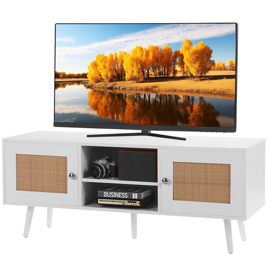 Rotting TV-bänk, Boho TV-skåp för 55-tums TV, Mid Century Modern TV-bänk, Rotting TV-konsol med justerbara hyllor för vardagsrum, mediarum, vit