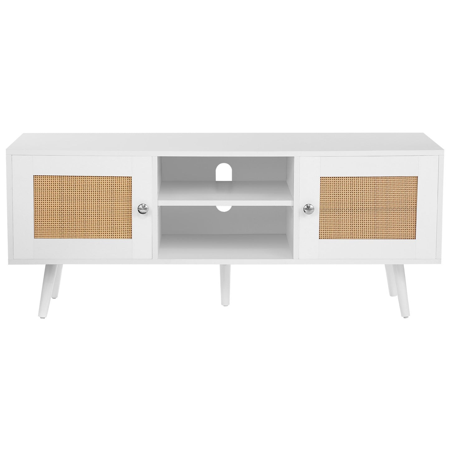 Rattan-TV-Ständer, Boho-TV-Schrank für 55-Zoll-Fernseher, Mid-Century Modern-TV-Ständer, Rattan-TV-Konsole mit verstellbaren Regalen für Wohnzimmer, Medienraum, Weiß