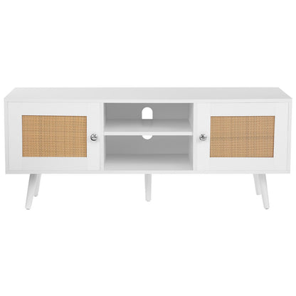 Rattan-TV-Ständer, Boho-TV-Schrank für 55-Zoll-Fernseher, Mid-Century Modern-TV-Ständer, Rattan-TV-Konsole mit verstellbaren Regalen für Wohnzimmer, Medienraum, Weiß
