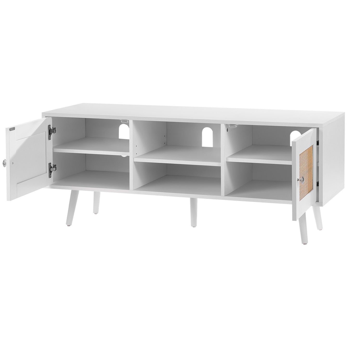Rattan-TV-Ständer, Boho-TV-Schrank für 55-Zoll-Fernseher, Mid-Century Modern-TV-Ständer, Rattan-TV-Konsole mit verstellbaren Regalen für Wohnzimmer, Medienraum, Weiß