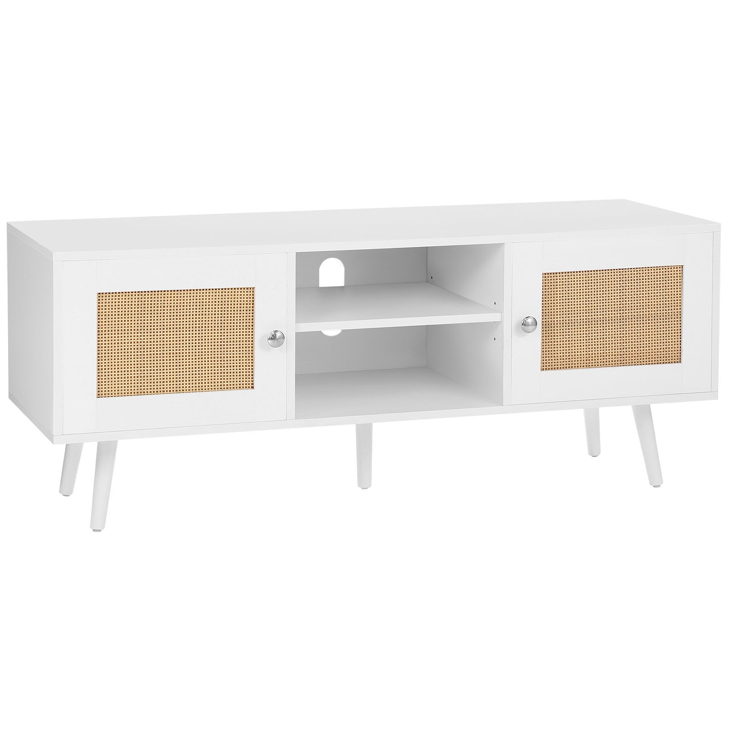 Rattan-TV-Ständer, Boho-TV-Schrank für 55-Zoll-Fernseher, Mid-Century Modern-TV-Ständer, Rattan-TV-Konsole mit verstellbaren Regalen für Wohnzimmer, Medienraum, Weiß