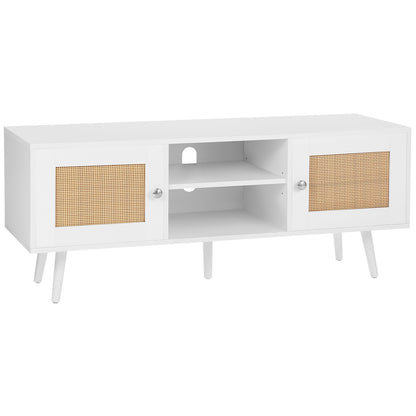 Rattan-TV-Ständer, Boho-TV-Schrank für 55-Zoll-Fernseher, Mid-Century Modern-TV-Ständer, Rattan-TV-Konsole mit verstellbaren Regalen für Wohnzimmer, Medienraum, Weiß