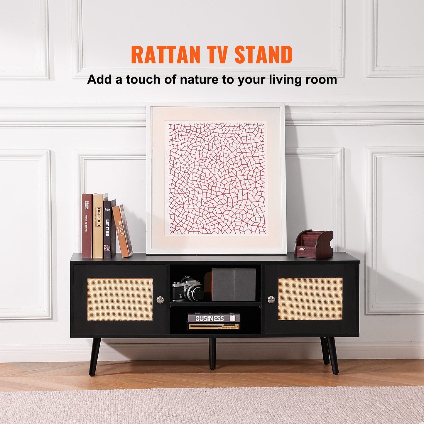 Rotting TV-bänk, Boho TV-skåp för 55-tums TV, Mid Century Modern TV-bänk, Rotting TV-konsol med justerbara hyllor för vardagsrum, mediarum, svart