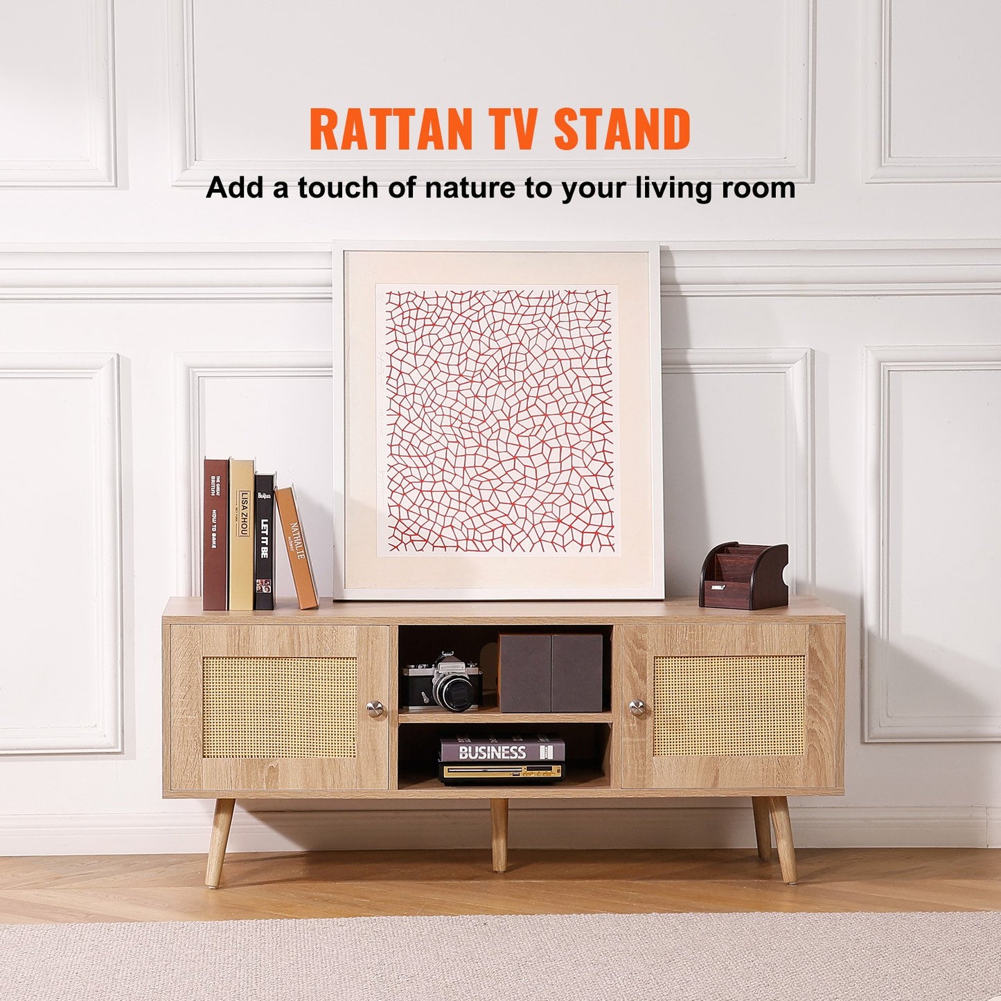 Rattan-TV-Ständer, Boho-TV-Schrank für 55-Zoll-Fernseher, Mid-Century Modern-TV-Ständer, Rattan-TV-Konsole mit verstellbaren Regalen für Wohnzimmer, Medienraum, Eiche