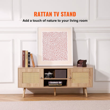 Rattan-TV-Ständer, Boho-TV-Schrank für 55-Zoll-Fernseher, Mid-Century Modern-TV-Ständer, Rattan-TV-Konsole mit verstellbaren Regalen für Wohnzimmer, Medienraum, Eiche