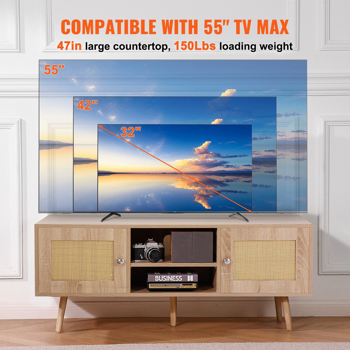 Rattan-TV-Ständer, Boho-TV-Schrank für 55-Zoll-Fernseher, Mid-Century Modern-TV-Ständer, Rattan-TV-Konsole mit verstellbaren Regalen für Wohnzimmer, Medienraum, Eiche