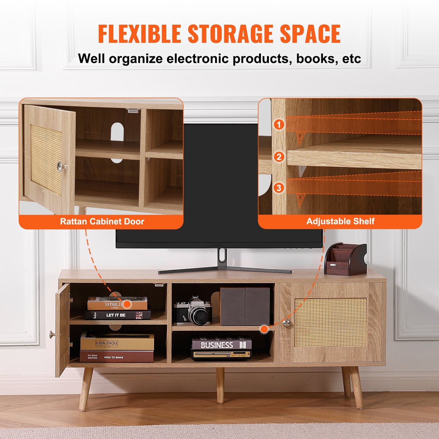 Rattan-TV-Ständer, Boho-TV-Schrank für 55-Zoll-Fernseher, Mid-Century Modern-TV-Ständer, Rattan-TV-Konsole mit verstellbaren Regalen für Wohnzimmer, Medienraum, Eiche