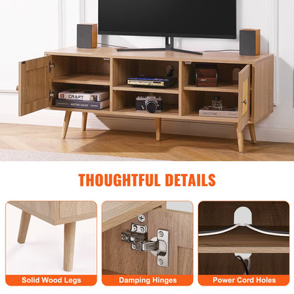 Rattan-TV-Ständer, Boho-TV-Schrank für 55-Zoll-Fernseher, Mid-Century Modern-TV-Ständer, Rattan-TV-Konsole mit verstellbaren Regalen für Wohnzimmer, Medienraum, Eiche
