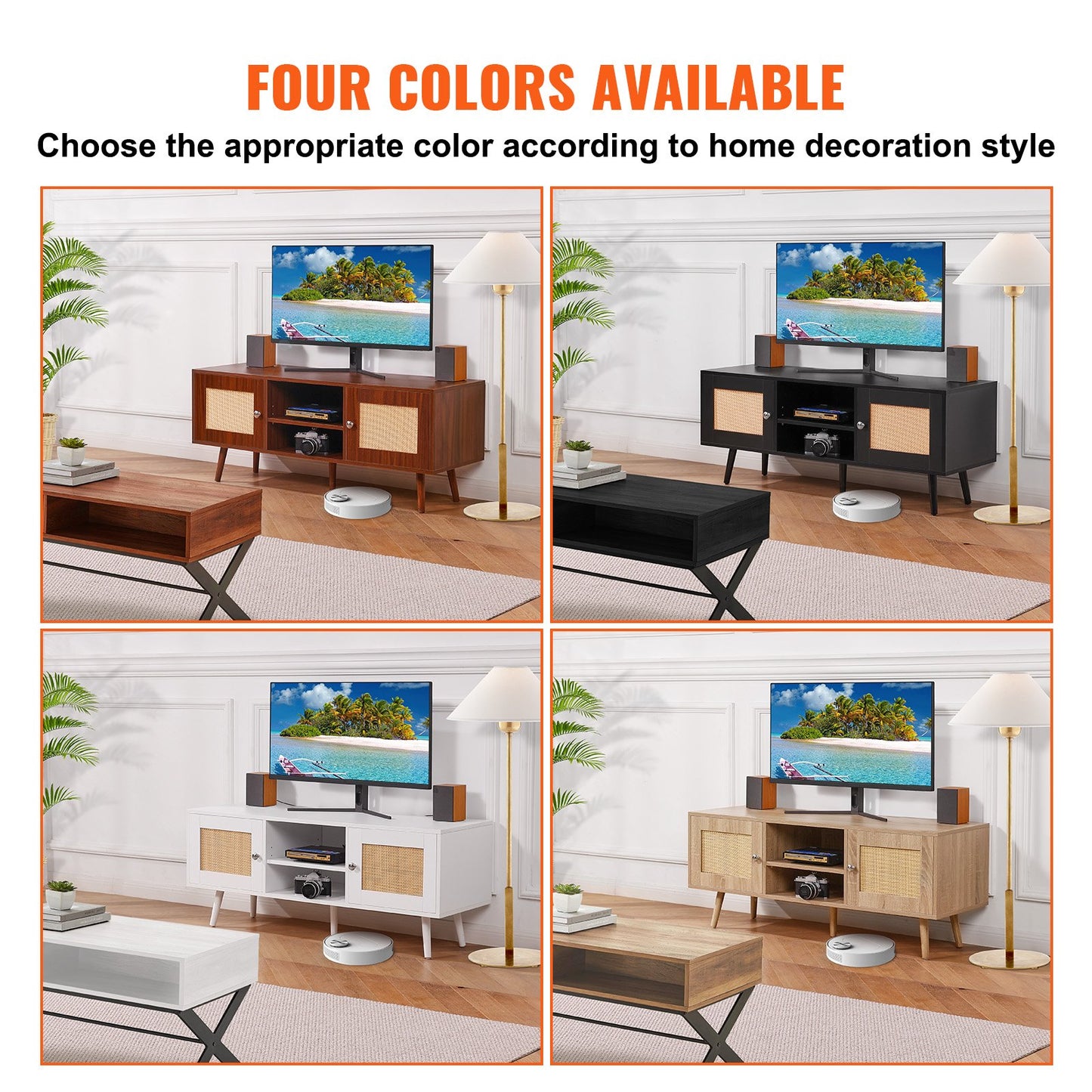 Rattan-TV-Ständer, Boho-TV-Schrank für 55-Zoll-Fernseher, Mid-Century Modern-TV-Ständer, Rattan-TV-Konsole mit verstellbaren Regalen für Wohnzimmer, Medienraum, Eiche