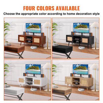 Rattan-TV-Ständer, Boho-TV-Schrank für 55-Zoll-Fernseher, Mid-Century Modern-TV-Ständer, Rattan-TV-Konsole mit verstellbaren Regalen für Wohnzimmer, Medienraum, Eiche